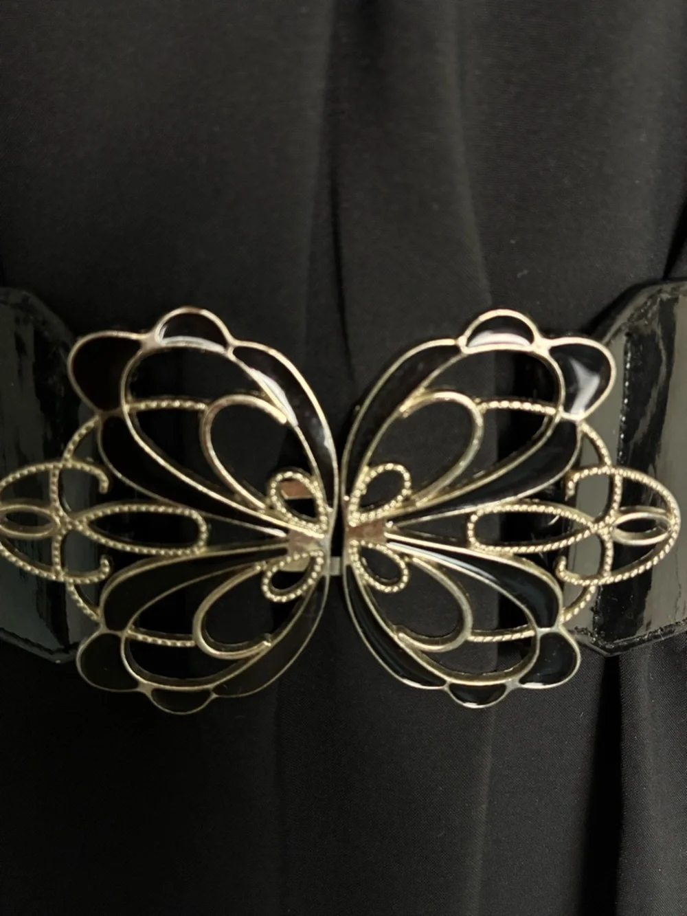 Plus Size 2XL Black Patent Elastic Waist Belt with Silver Butte Filigree Buckle